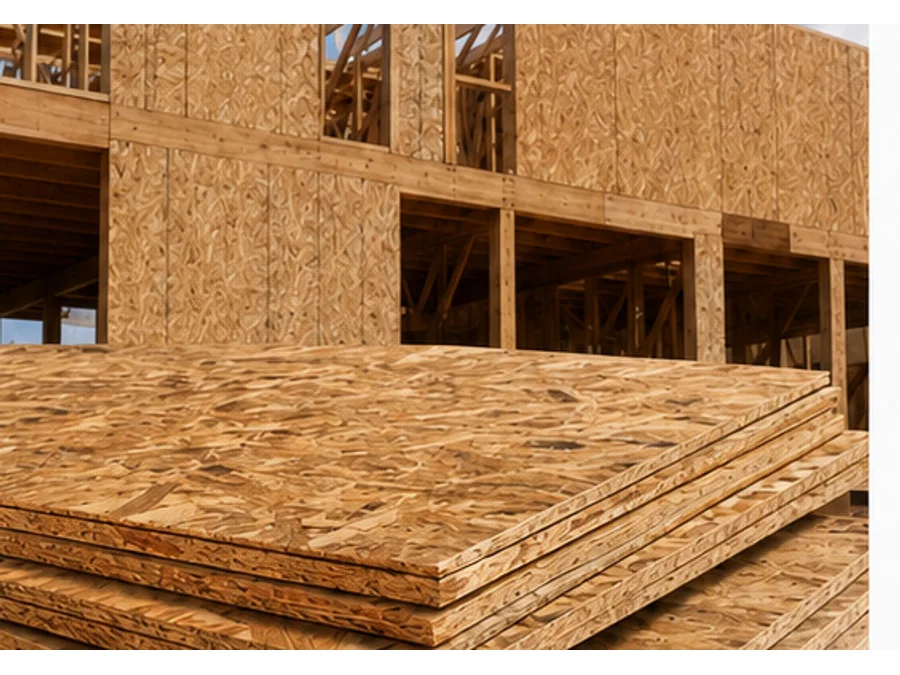 İstiflenmiş OSB 3 levhalar ve ahşap karkas yapı